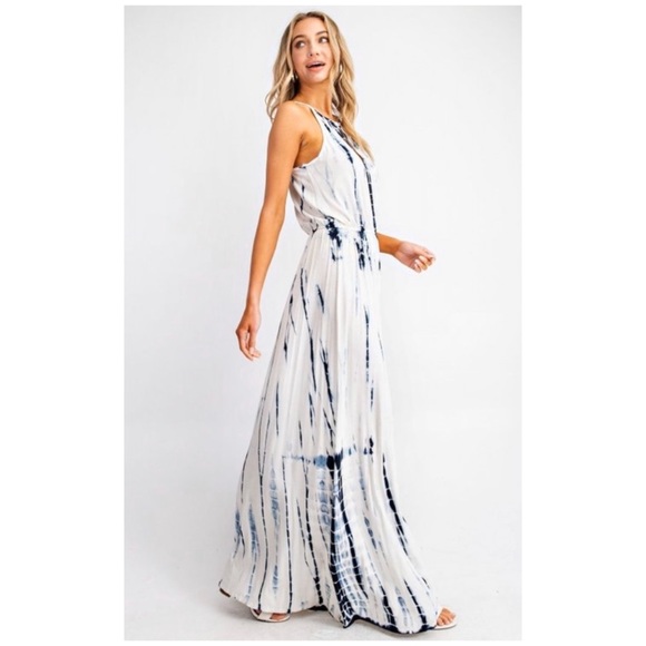SOLD OUT Boho White & Blue Tie Dye Summer Vacation Long Full Length Maxi Dress - Picture 5 of 8